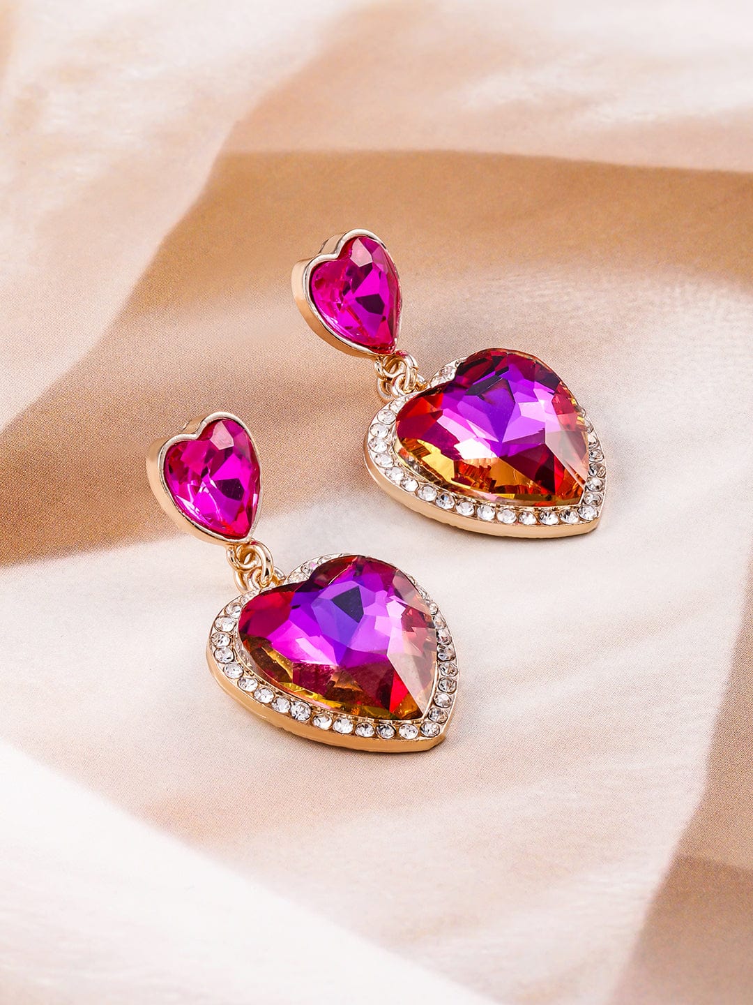 Rubans 18K Gold Plated Pink Heart Shape Crystal Zicronia & Multicolor Accent Drop Earrings Drop Earrings