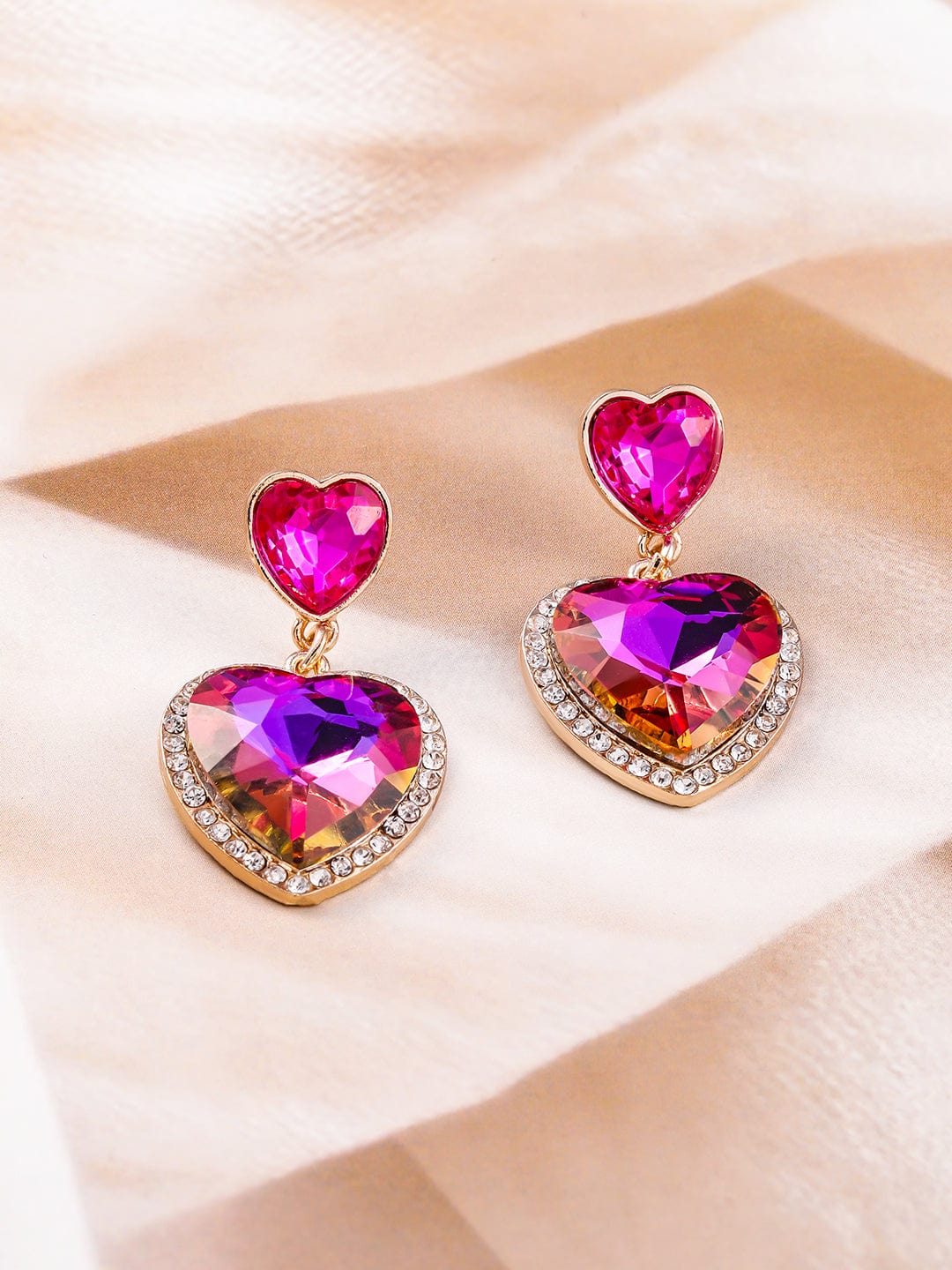 Rubans 18K Gold Plated Pink Heart Shape Crystal Zicronia & Multicolor Accent Drop Earrings Drop Earrings