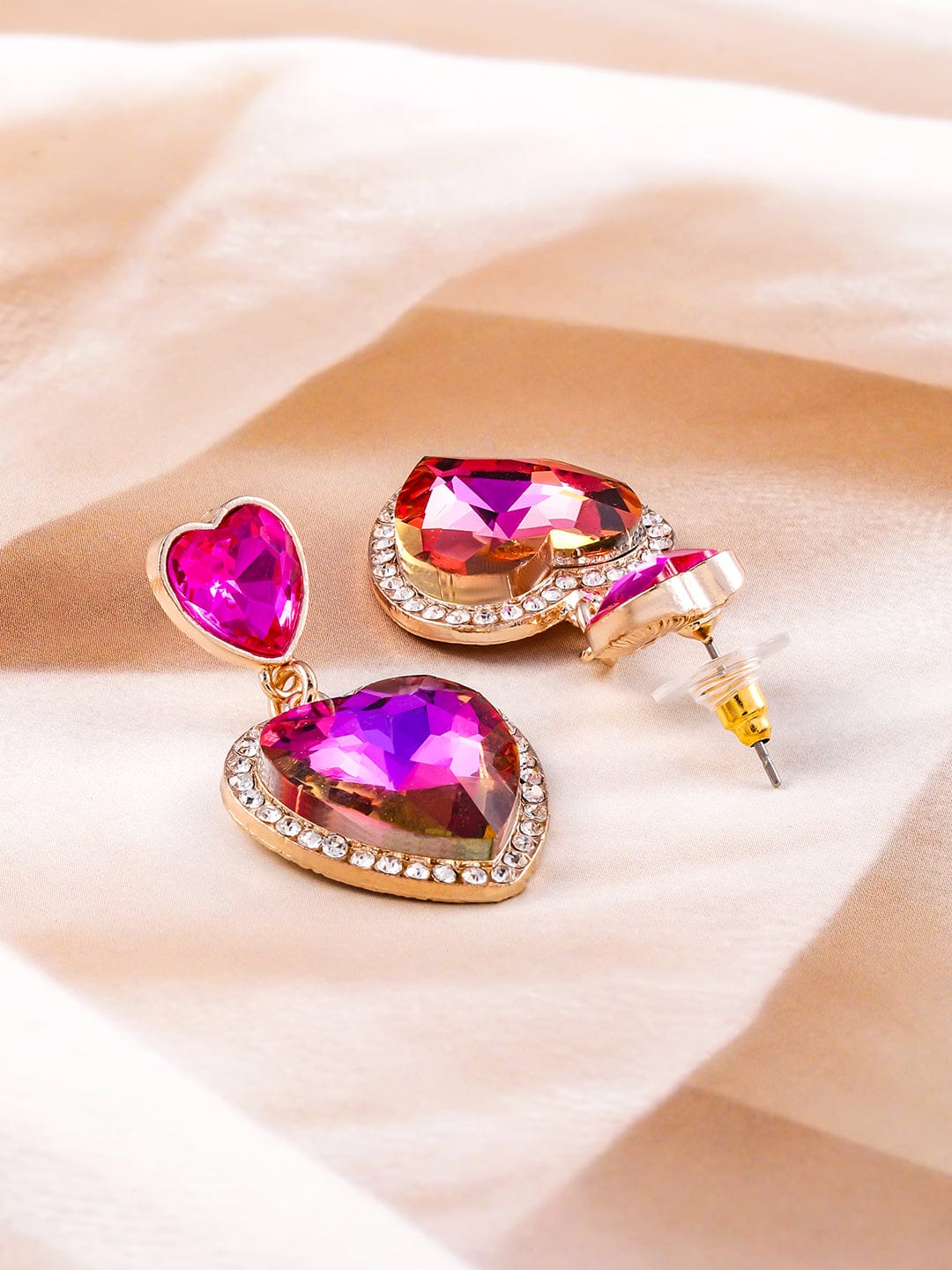 Rubans 18K Gold Plated Pink Heart Shape Crystal Zicronia & Multicolor Accent Drop Earrings Drop Earrings