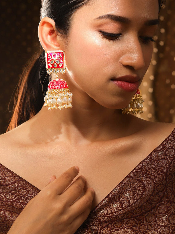 Rubans 18K Gold-Plated Pink Kundan Studded Enamel Handcrafted Dome Jhumkas with White Beads Jhumka Earrings