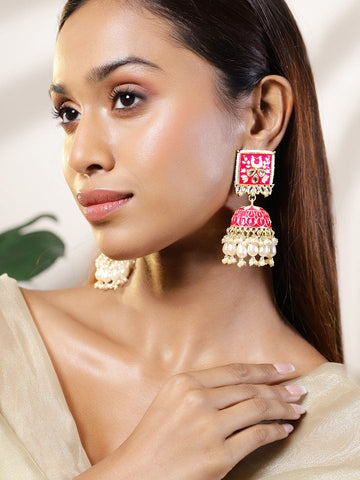 Rubans 18K Gold-Plated Pink Kundan Studded Enamel Handcrafted Dome Jhumkas with White Beads Jhumka Earrings