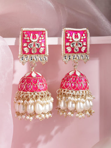 Rubans 18K Gold-Plated Pink Kundan Studded Enamel Handcrafted Dome Jhumkas with White Beads Jhumka Earrings