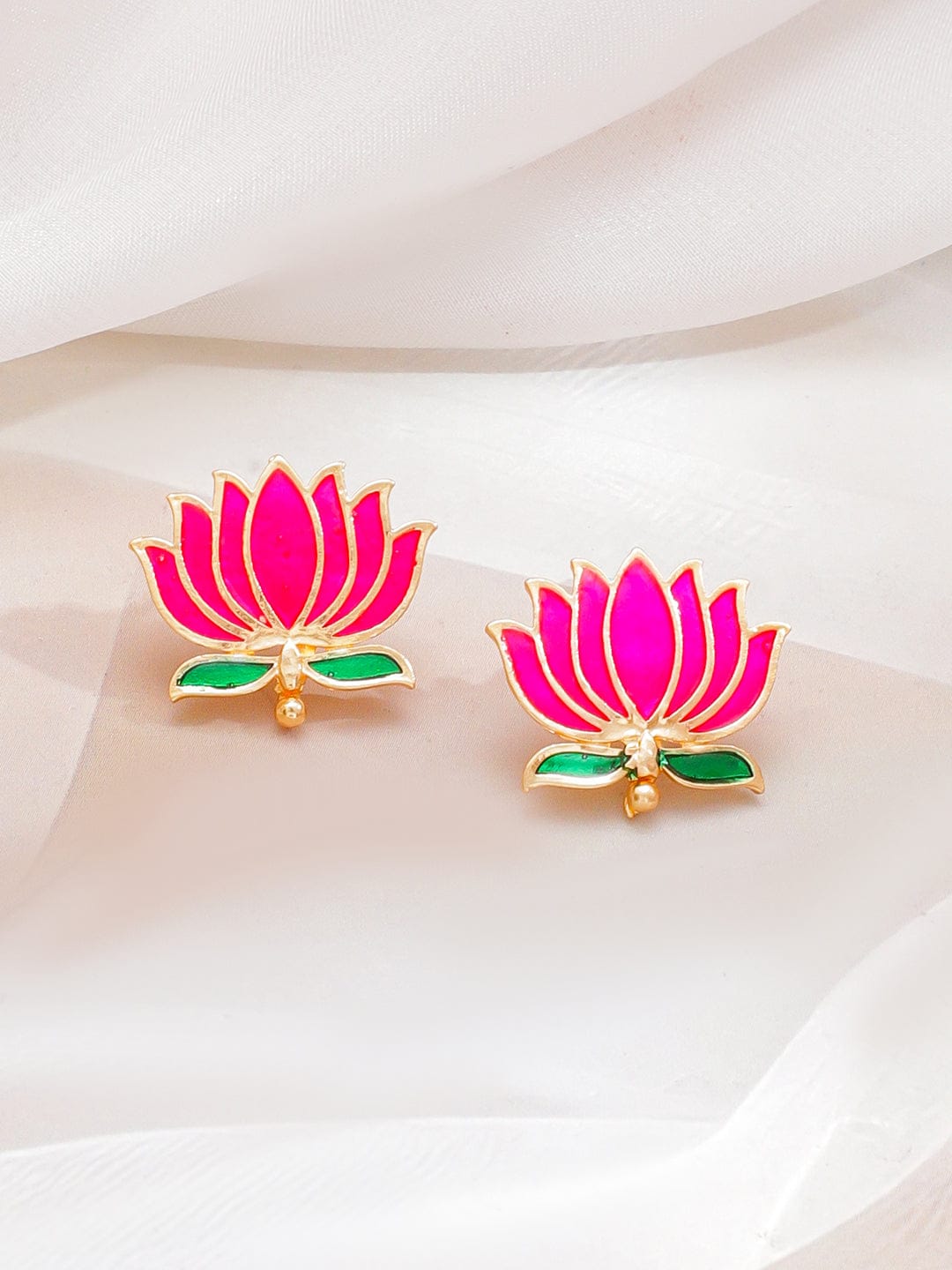 Rubans 18K Gold-Plated Pink Lotus Motif Enamel Necklace Set with Green Leaf Detailing Jewellery Set