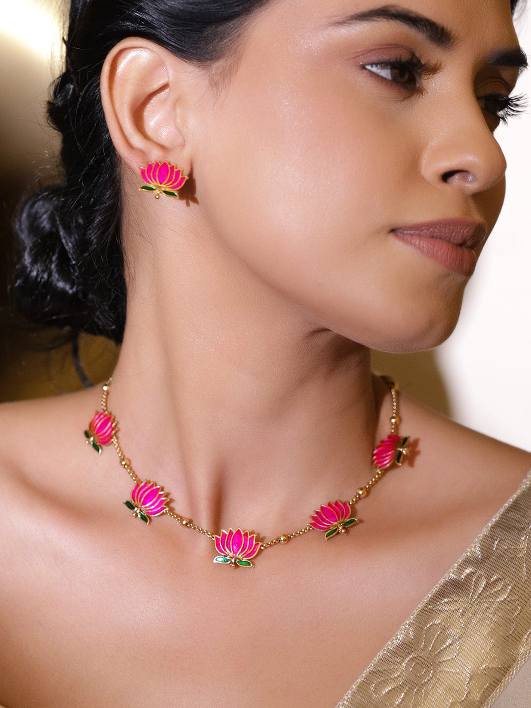 Rubans 18K Gold-Plated Pink Lotus Motif Enamel Necklace Set with Green Leaf Detailing Necklace Set