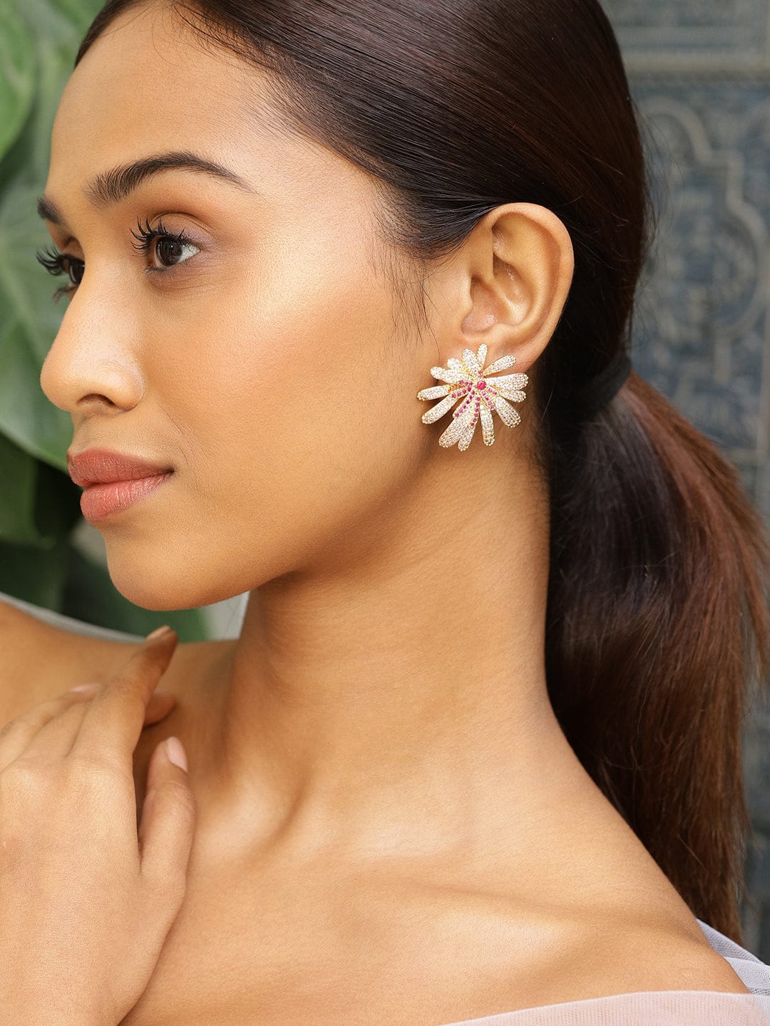 Rubans 18K Gold-Plated Pink, Red & White Cubic Zirconia Floral Glamorous Stud Earrings Earrings