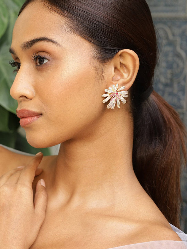 Rubans 18K Gold-Plated Pink, Red & White Cubic Zirconia Floral Glamorous Stud Earrings Earrings