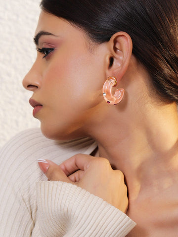 Rubans 18K Gold Plated Pink Resin Hoop Earrings with Multicolored Stones Earrings