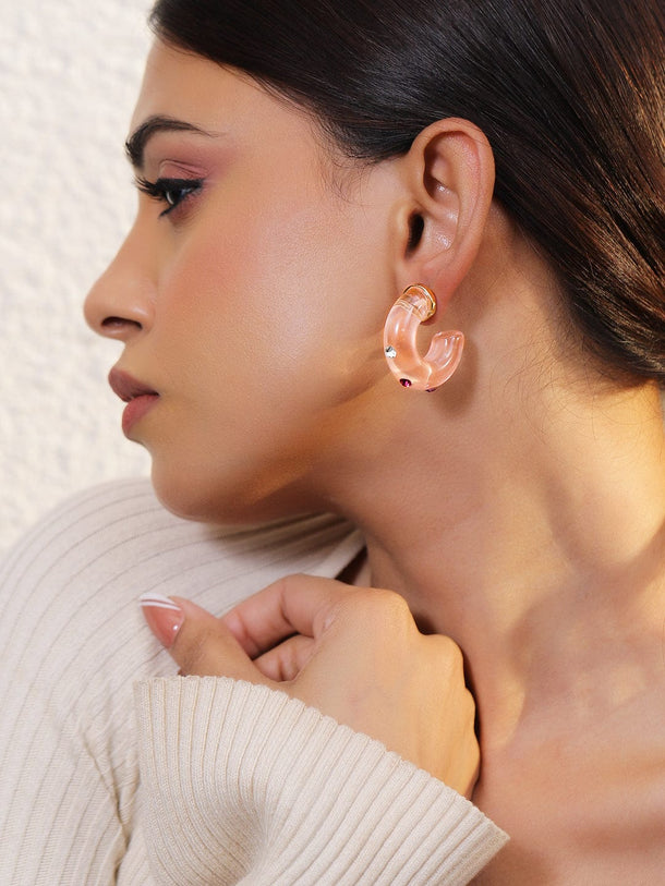 Rubans 18K Gold Plated Pink Resin Hoop Earrings with Multicolored Stones Earrings