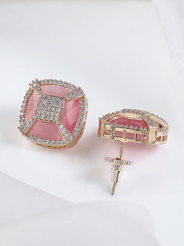 Rubans 18K Gold-Plated Pink & White Cubic Zirconia Studded Geometric Stud Earrings Earrings