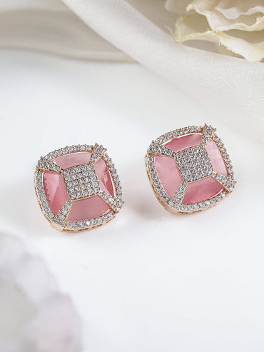 Rubans 18K Gold-Plated Pink & White Cubic Zirconia Studded Geometric Stud Earrings Earrings