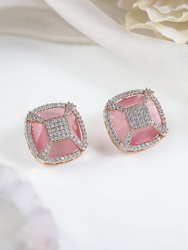 Rubans 18K Gold-Plated Pink & White Cubic Zirconia Studded Geometric Stud Earrings Earrings