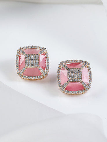 Rubans 18K Gold-Plated Pink & White Cubic Zirconia Studded Geometric Stud Earrings Earrings