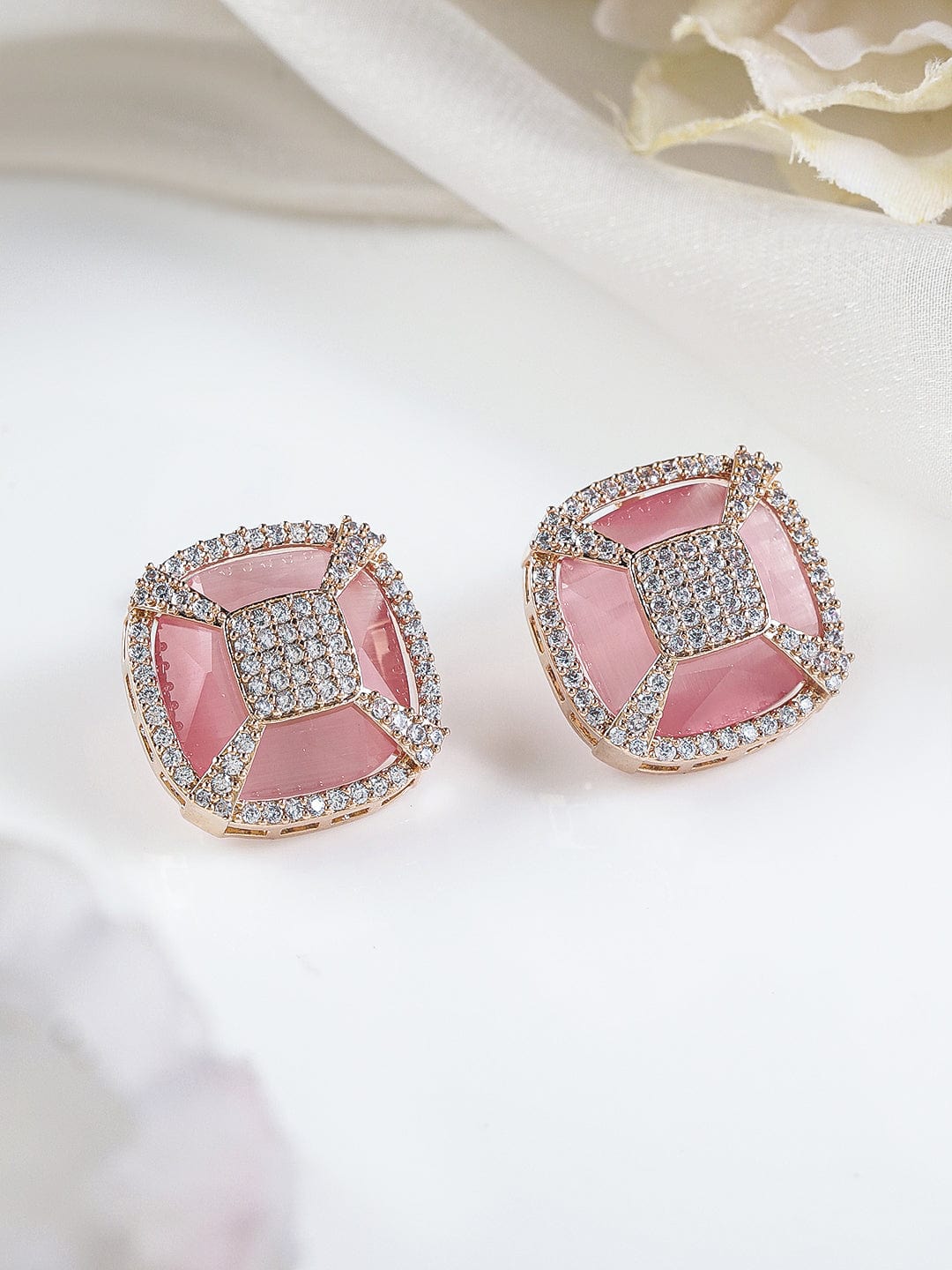 Rubans 18K Gold-Plated Pink & White Cubic Zirconia Studded Geometric Stud Earrings Stud Earrings