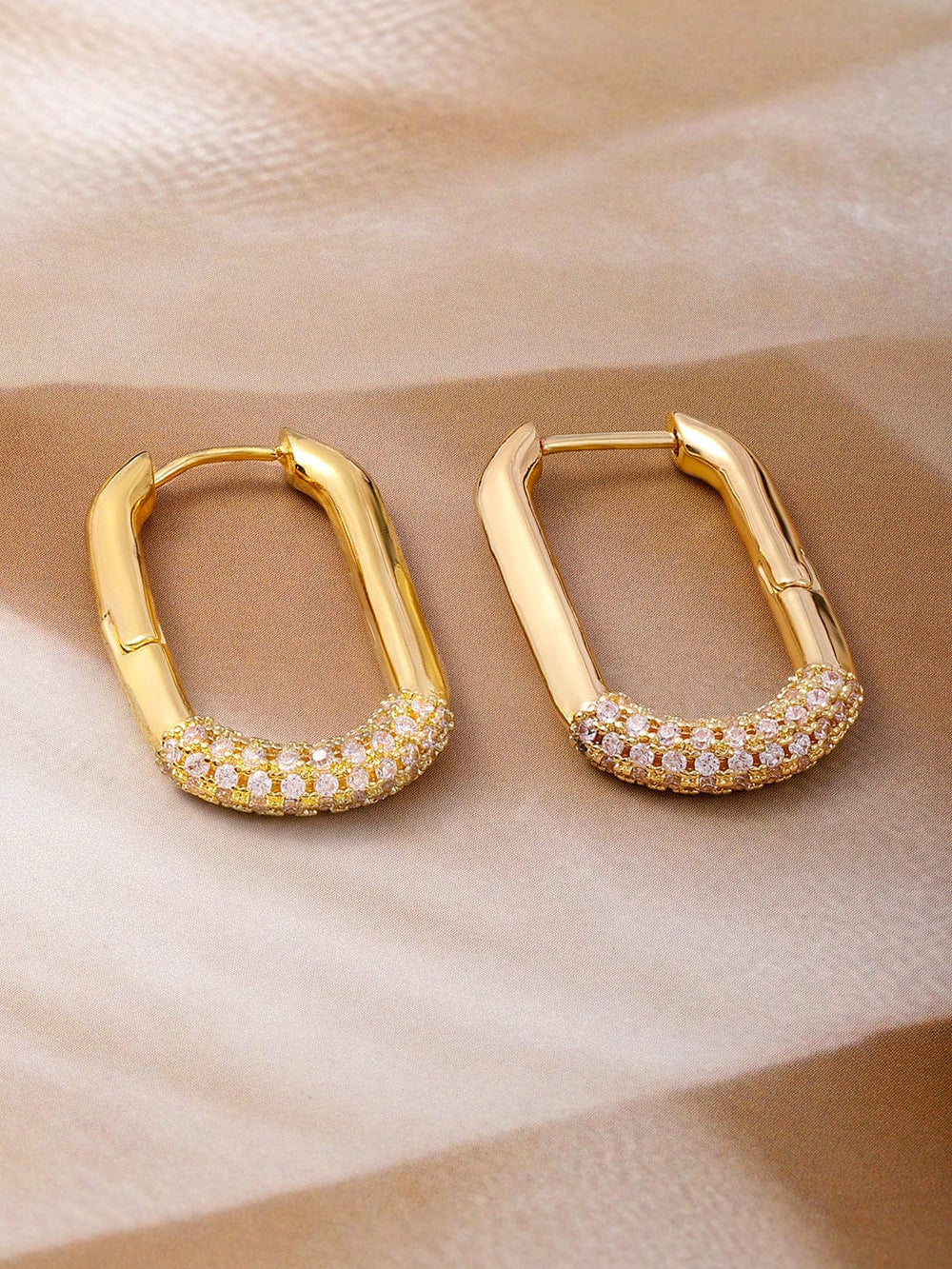 Rubans 18K Gold Plated Rectangular Hoop Earrings with Cubic Zirconia Accents Earrings