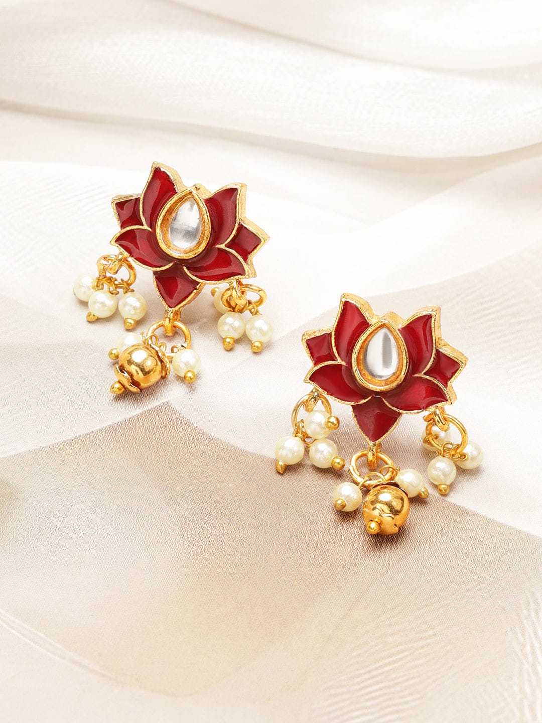 Rubans 18K Gold-Plated Red Enamel Lotus Motif Pearl Beaded Brass Choker Necklace Set Jewellery Set