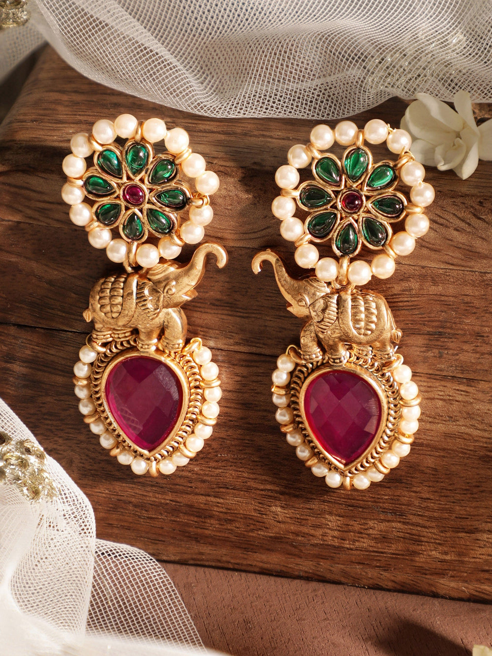 Rubans 18K Gold-Plated Red & Green Stone Studded Elephant Motif Earring with Pearl Accents Drop Earring