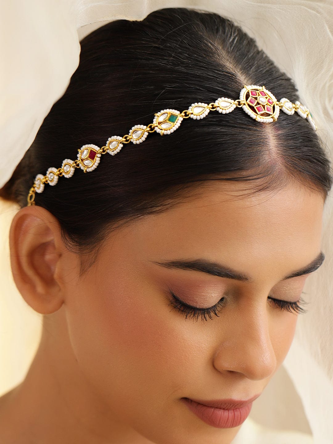 Rubans 18K Gold-Plated Red, Green & White Kundan & Pearl Beaded Matha Patti Head Jewellery Head Jewellery