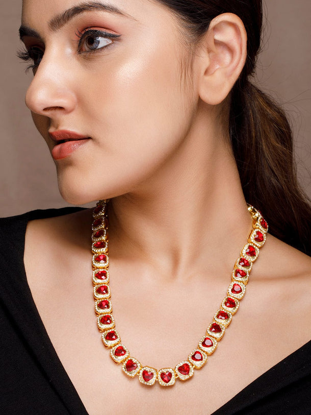 Rubans 18K Gold Plated Red Heart Shaped Crystal Choker Necklace with CubicZirconia Accents Necklace & Chain