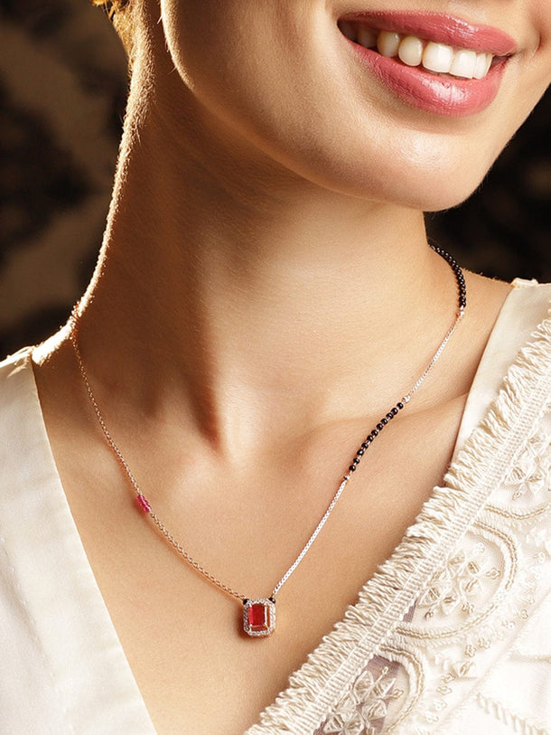 Rubans 18K Gold-Plated Ruby & Cubic Zirconia Studded Black and Gold Beaded Mangalsutra Mangalsutra