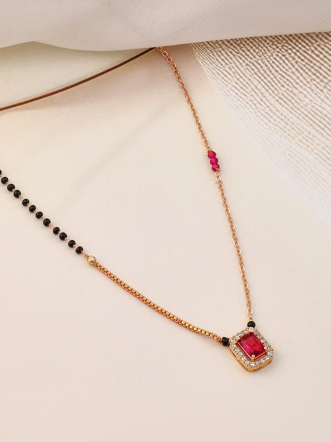 Rubans 18K Gold-Plated Ruby & Cubic Zirconia Studded Black and Gold Beaded Mangalsutra Mangalsutra