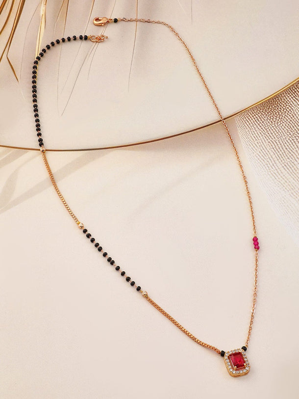 Rubans 18K Gold-Plated Ruby & Cubic Zirconia Studded Black and Gold Beaded Mangalsutra Mangalsutra