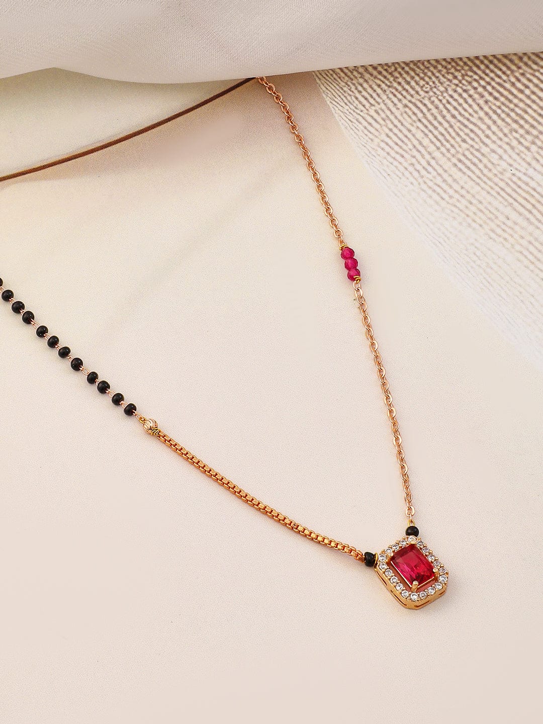 Rubans 18K Gold-Plated Ruby & Cubic Zirconia Studded Black and Gold Beaded Mangalsutra Necklace & Chain