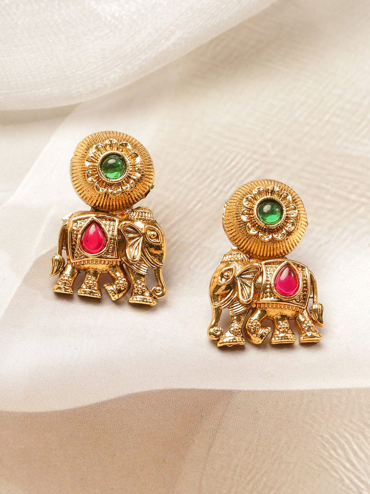 Rubans 18K Gold-Plated Ruby & Emerald Studded Brass Elephant Motif Temple Necklace Set Jewellery Set