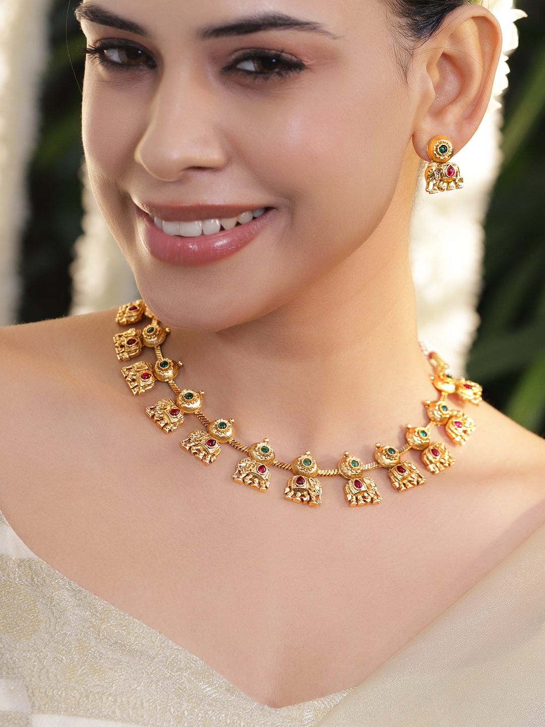 Rubans 18K Gold-Plated Ruby & Emerald Studded Brass Elephant Motif Temple Necklace Set Jewellery Set