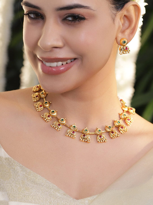 Rubans 18K Gold-Plated Ruby & Emerald Studded Brass Elephant Motif Temple Necklace Set Necklace Set