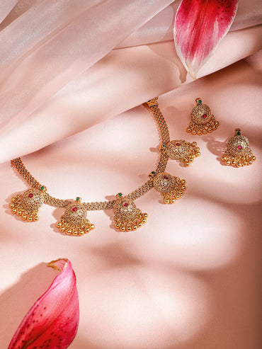 Rubans 18K Gold-Plated Ruby & Emerald Studded Temple Motif Gold Beaded Necklace Set for Women Jewellery Set
