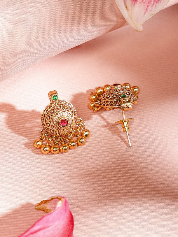 Rubans 18K Gold-Plated Ruby & Emerald Studded Temple Motif Gold Beaded Necklace Set for Women Jewellery Set