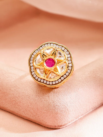 Rubans 18K Gold-Plated Ruby, Kundan & Cubic Zirconia Studded Adjustable Finger Ring Rings
