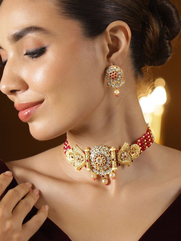Rubans 18K Gold-Plated Ruby & Kundan Stone-Studded Choker Jewellery Set with Pearl & Red Beads Jewellery Set