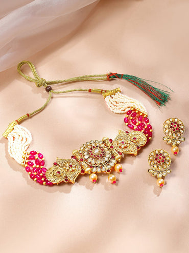 Rubans 18K Gold-Plated Ruby & Kundan Stone-Studded Choker Jewellery Set with Pearl & Red Beads Jewellery Set