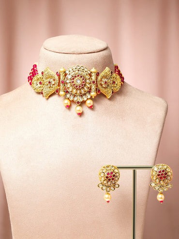 Rubans 18K Gold-Plated Ruby & Kundan Stone-Studded Choker Jewellery Set with Pearl & Red Beads Jewellery Set