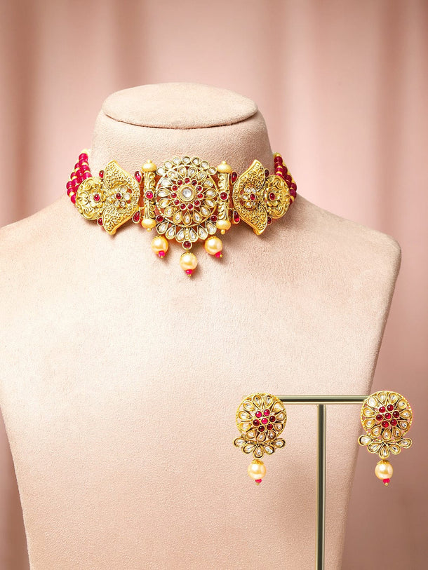 Rubans 18K Gold-Plated Ruby & Kundan Stone-Studded Choker Jewellery Set with Pearl & Red Beads Jewellery Set