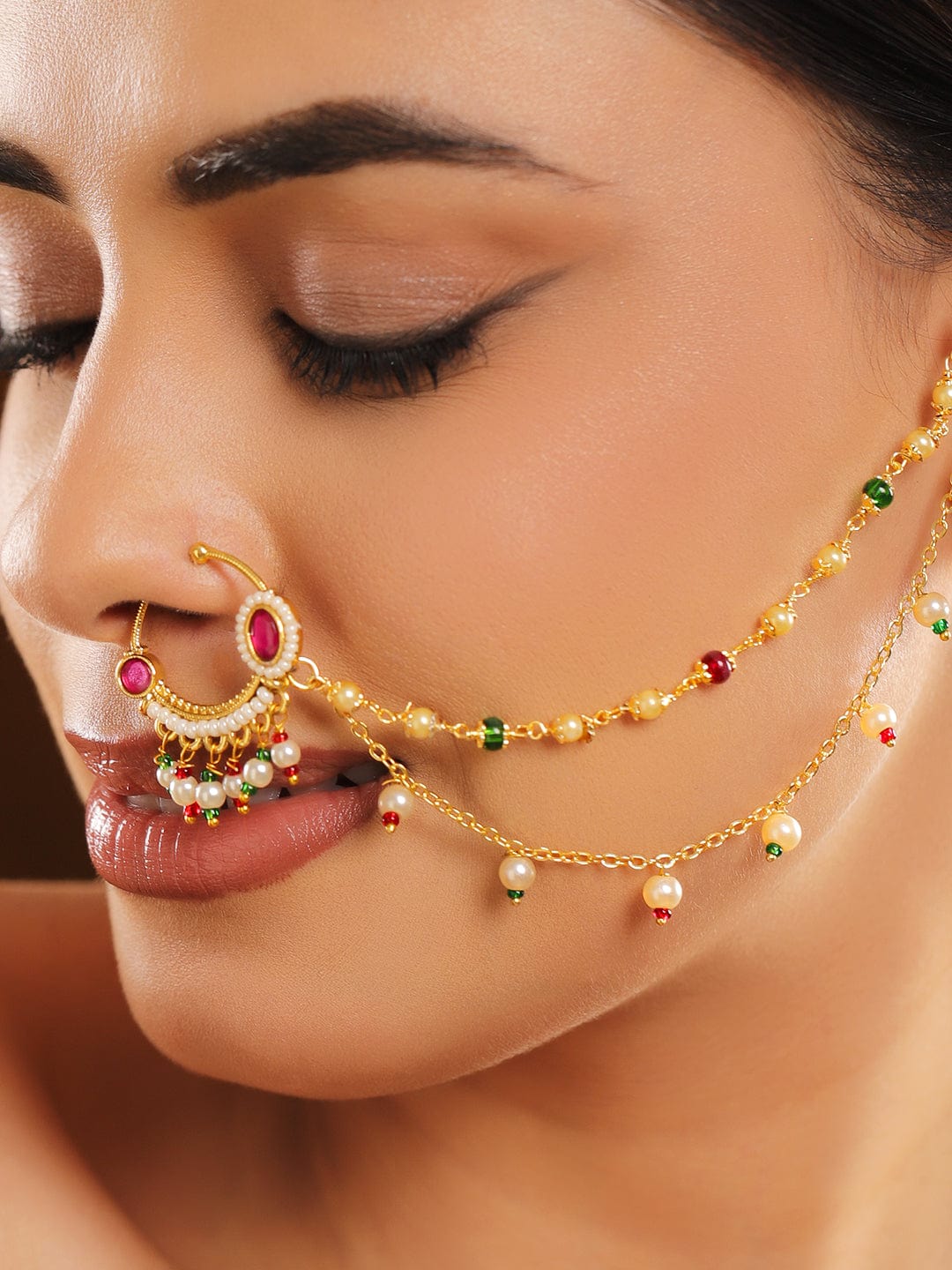 Rubans 18K Gold-Plated Ruby Kundan Studded Multi-Colour Pearl Bead Triple-Layer Chain Nath Nosepin Nose ring
