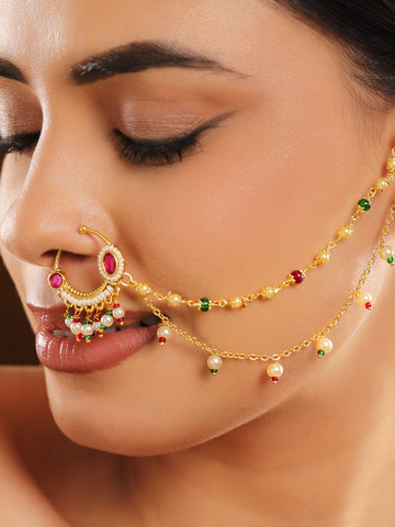 Rubans 18K Gold-Plated Ruby Kundan Studded Multi-Colour Pearl Bead Triple-Layer Chain Nath Nosepin Nose ring