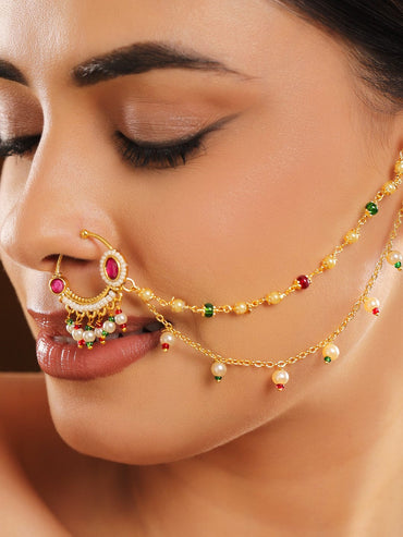 Rubans 18K Gold-Plated Ruby Kundan Studded Multi-Colour Pearl Bead Triple-Layer Chain Nath Nosepin Nose ring