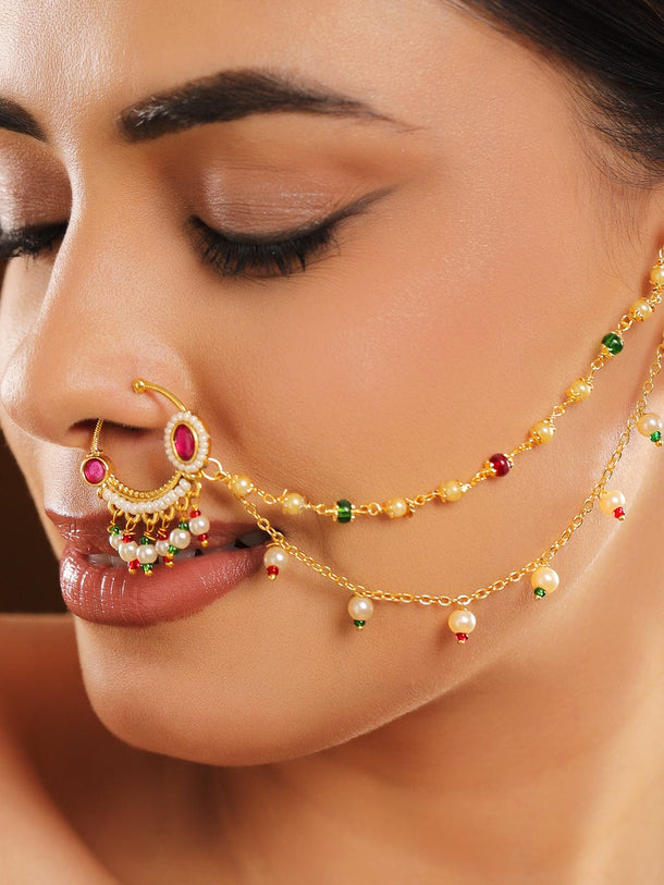 Rubans 18K Gold-Plated Ruby Kundan Studded Multi-Colour Pearl Bead Triple-Layer Chain Nath Nosepin Nose ring