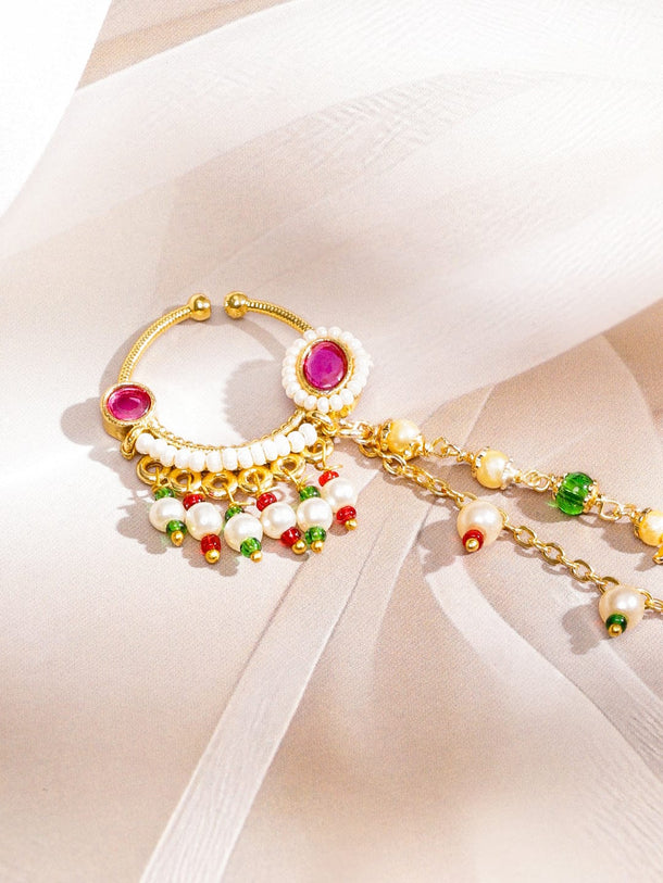 Rubans 18K Gold-Plated Ruby Kundan Studded Multi-Colour Pearl Bead Triple-Layer Chain Nath Nosepin Nosepin