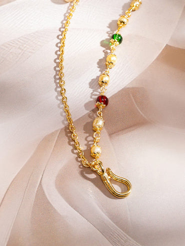 Rubans 18K Gold-Plated Ruby Kundan Studded Multi-Colour Pearl Bead Triple-Layer Chain Nath Nosepin Nosepin