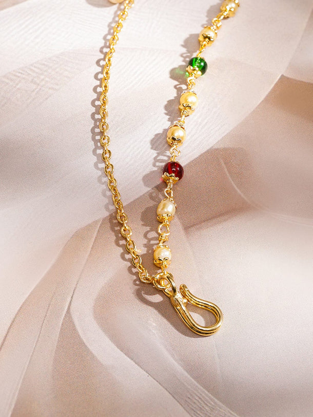 Rubans 18K Gold-Plated Ruby Kundan Studded Multi-Colour Pearl Bead Triple-Layer Chain Nath Nosepin Nosepin