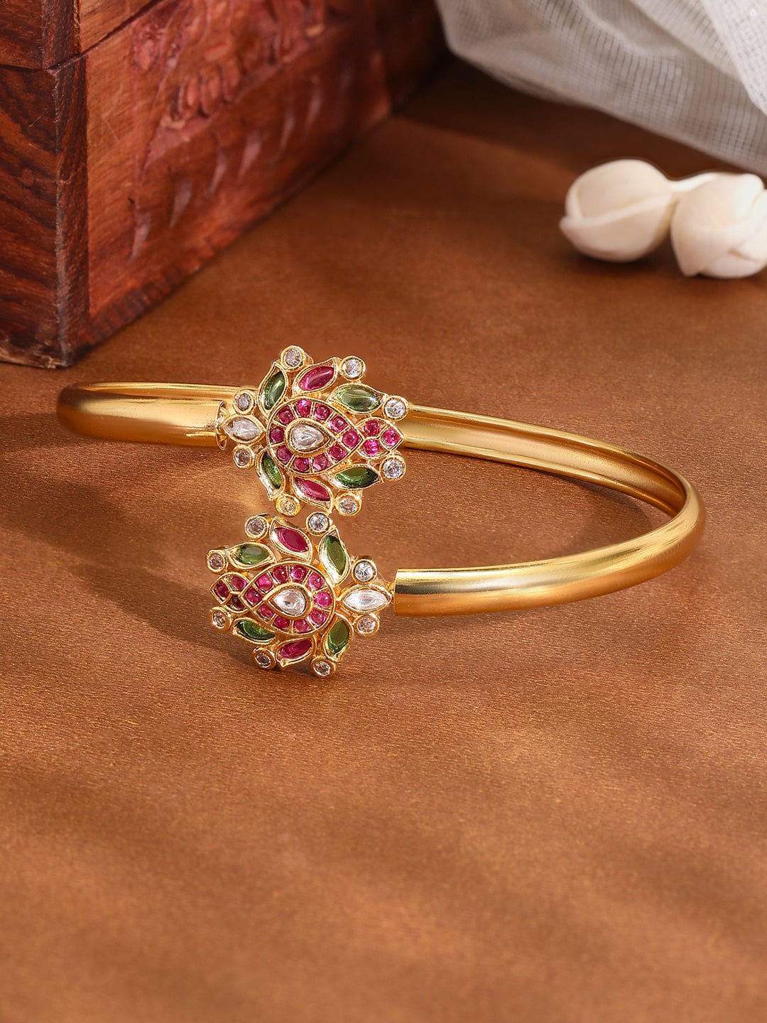 Rubans 18K Gold-Plated Ruby Kundan Studded Openable Bangle Bracelet