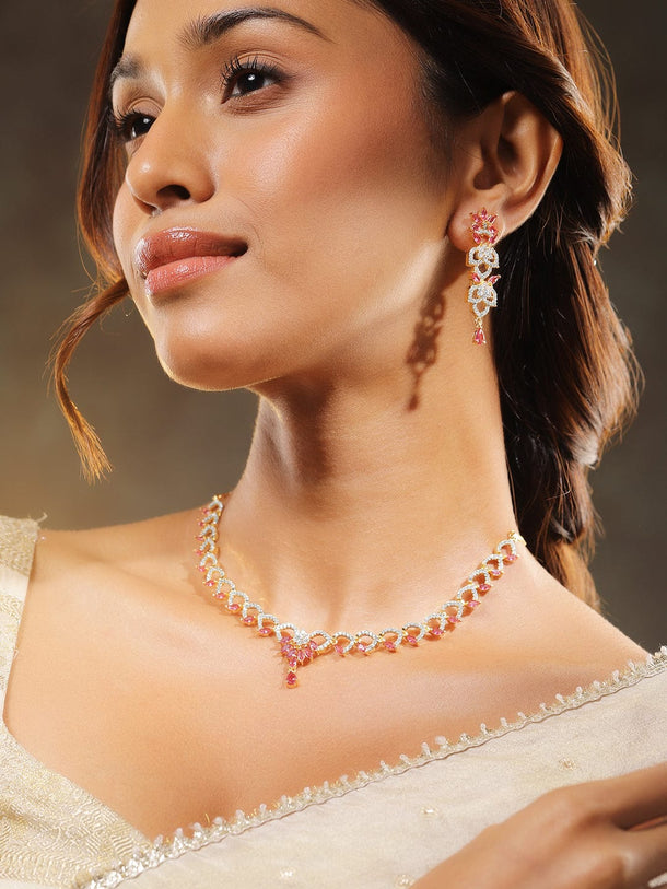 Rubans 18K Gold Plated Ruby Pink & Cubic Zirconia Studded Necklace & Earrings Set Jewellery Set