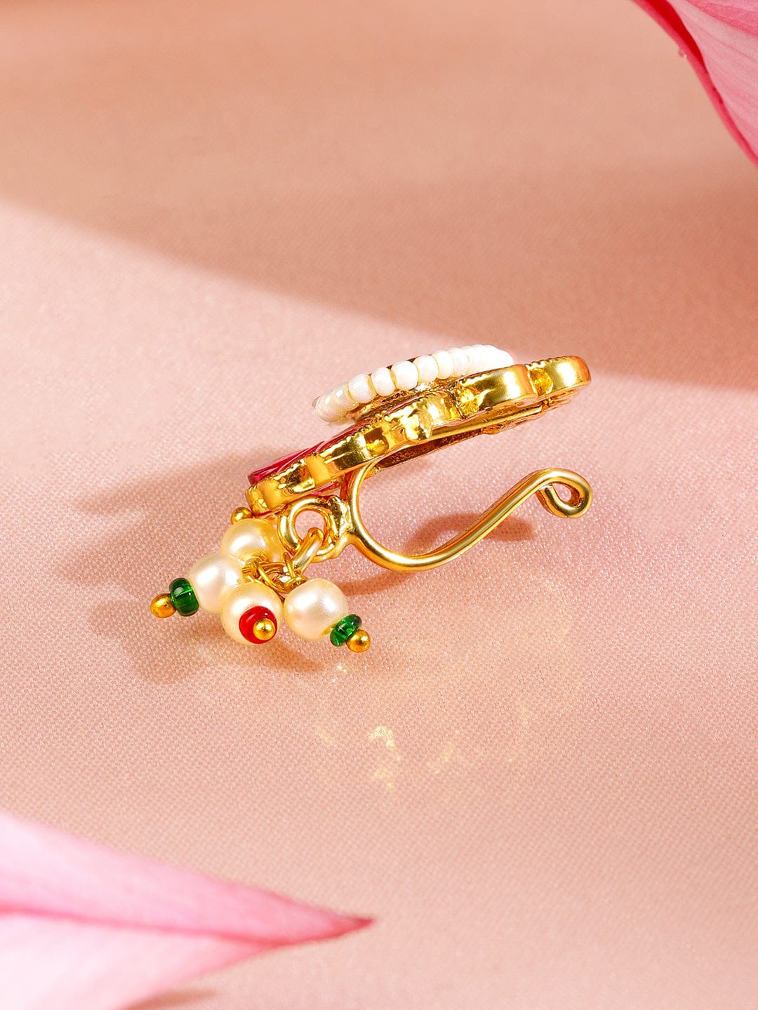 Rubans 18K Gold-Plated Ruby Pink & Emerald Green Floral Nath with Pearl Beads â€“ Non-Pierced Clip-On Nose Pin Nosepin