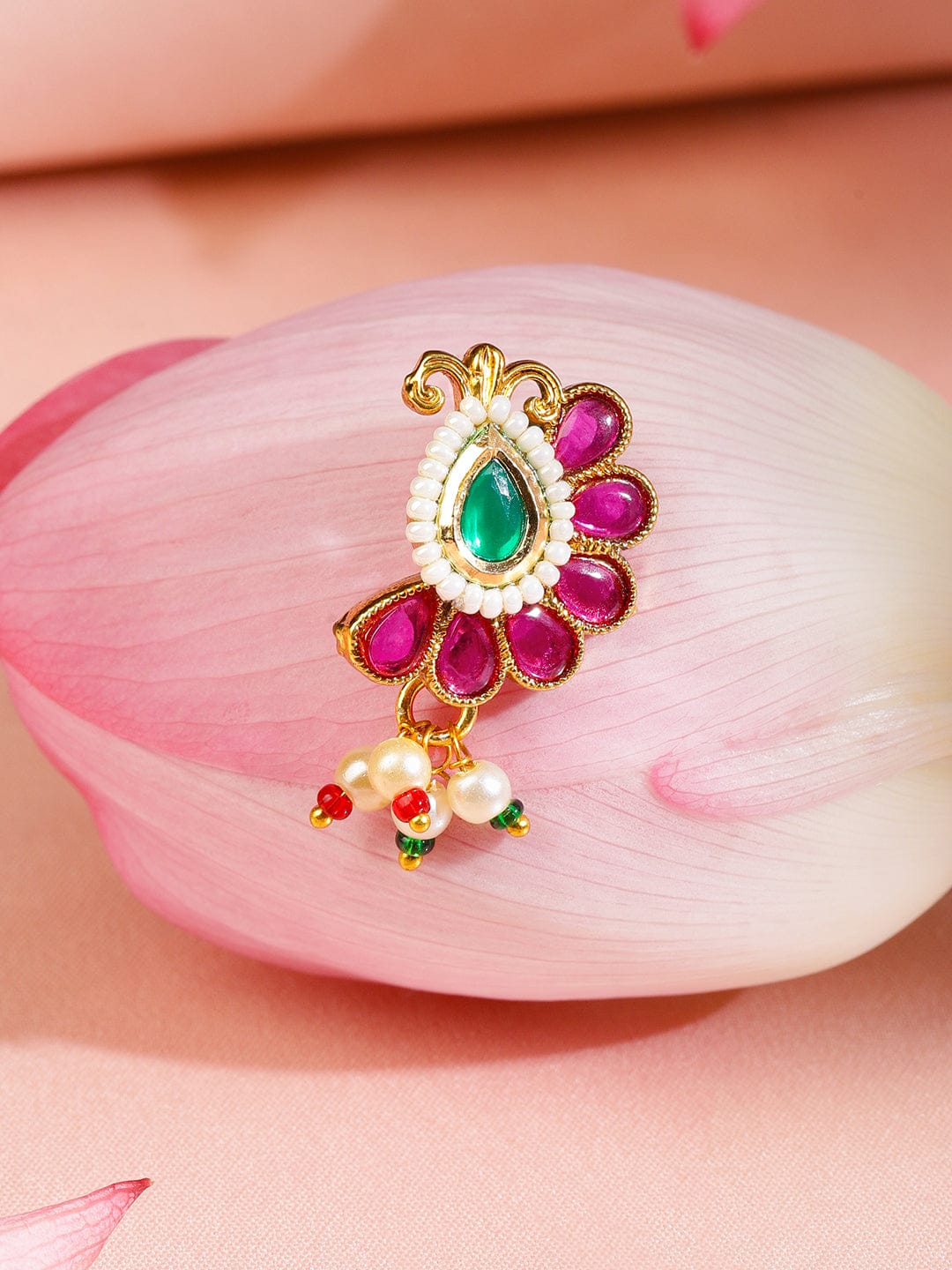 Rubans 18K Gold-Plated Ruby Pink & Emerald Green Floral Nath with Pearl Beads â€“ Non-Pierced Clip-On Nose Pin Nosepin