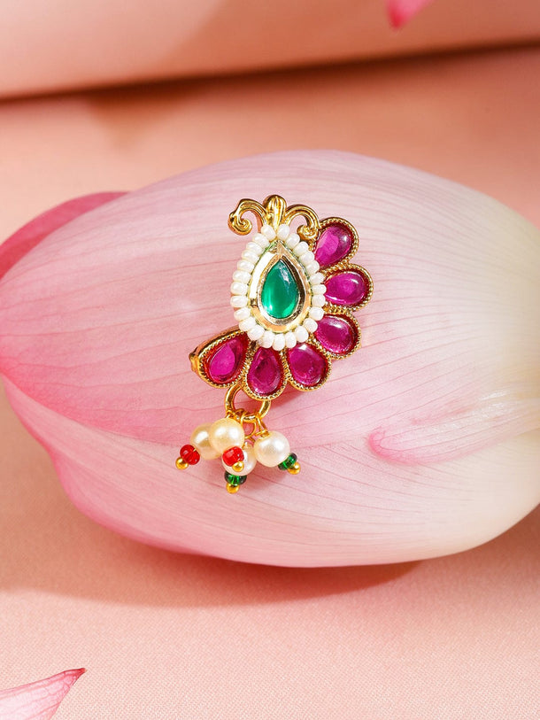 Rubans 18K Gold-Plated Ruby Pink & Emerald Green Floral Nath with Pearl Beads â€“ Non-Pierced Clip-On Nose Pin Nosepin