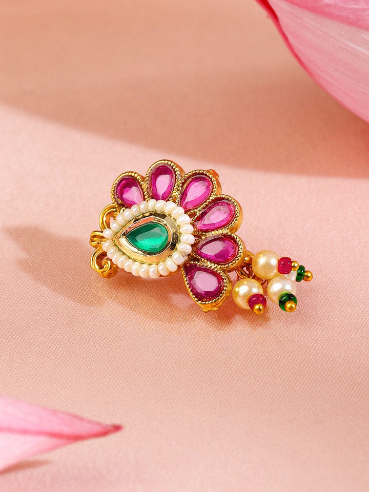 Rubans 18K Gold-Plated Ruby Pink & Emerald Green Floral Nath with Pearl Beads â€“ Non-Pierced Clip-On Nose Pin Nosepin