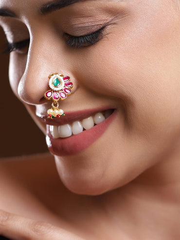 Rubans 18K Gold-Plated Ruby Pink & Emerald Green Floral Nath with Pearl Beads â€“ Non-Pierced Clip-On Nose Pin Nose ring